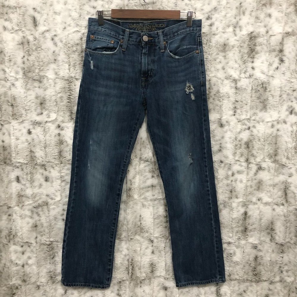 American Eagle Men's Original Straight Jeans Mid Wash Size 28 Distressed